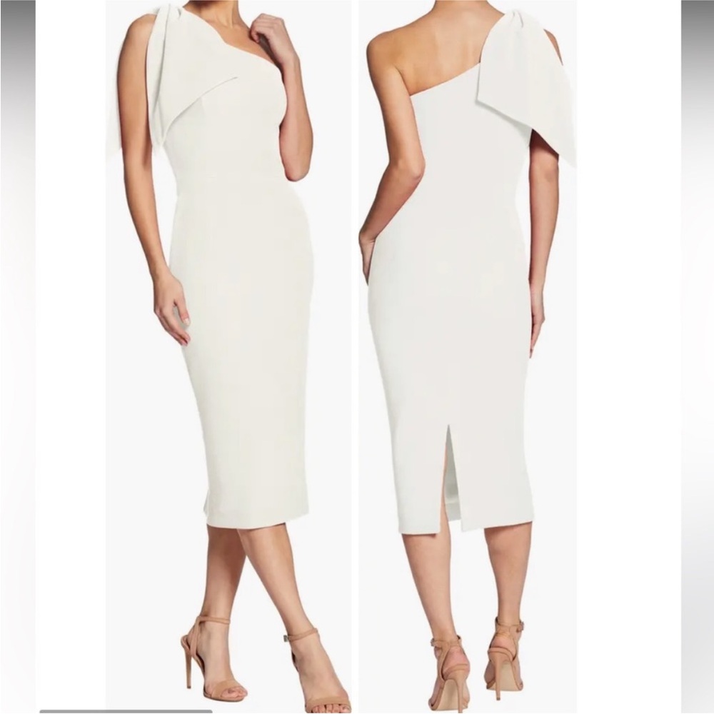 Elegant One-Shoulder White Midi Dress with Draped Bow